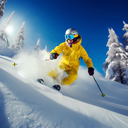 Skier skis almost down a slope on heavily snowy slope, blue sky and sunshineの素材