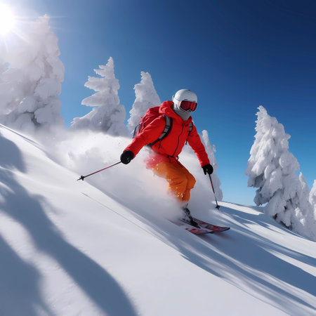 Skier skis almost down a slope on heavily snowy slope, blue sky and sunshineの素材