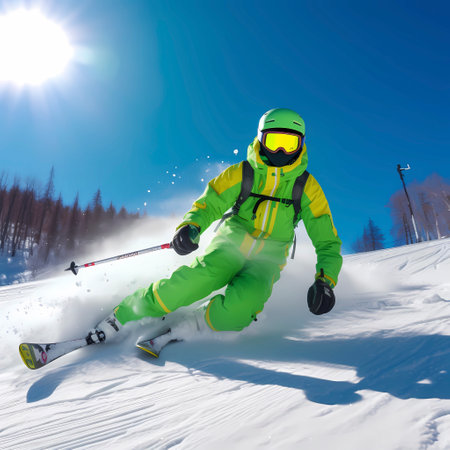 Skier skis almost down a slope on heavily snowy slope, blue sky and sunshineの素材
