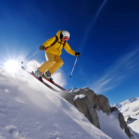 Skier skis almost down a slope on heavily snowy slope, blue sky and sunshineの素材