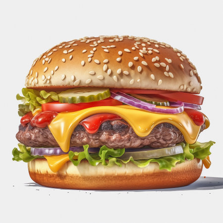 Delicious hamburger with ingredients, white background, Ai generatedの素材