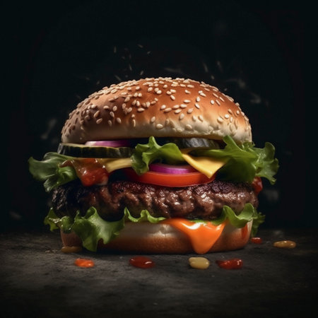 Delicious hamburger with ingredients, in the restaurant, Ai generatedの素材