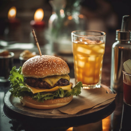 Delicious hamburger with ingredients, in the restaurant, Ai generatedの素材
