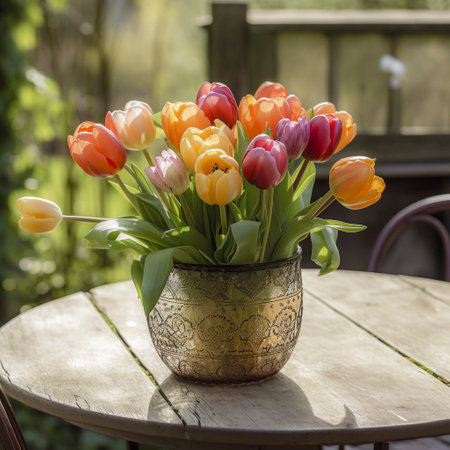 Tulips in a vase on a wooden table, ai generatedの素材