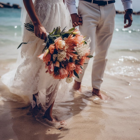 Multi-skinned bride and groom holding a bouquet of flowers in a tropical setting by the sea, Ai-generatedの素材