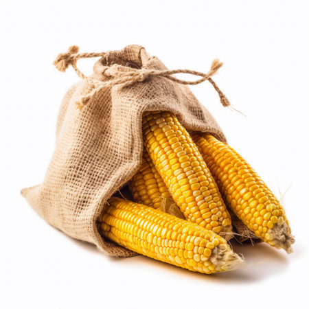 Old sack of corn, white background, AI generatedの素材