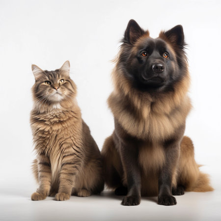 dog and cat sit peacefully next to each other, AI generatedの素材