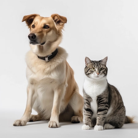 dog and cat sit peacefully next to each other, AI generatedの素材