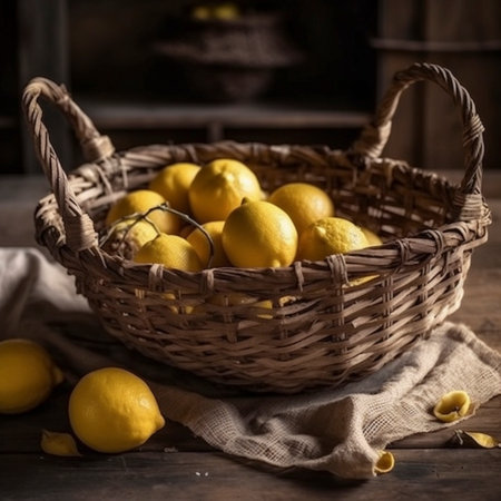 Basket of lemons on a wooden table, AI generatedの素材