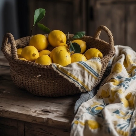 Basket of lemons on a wooden table, AI generatedの素材
