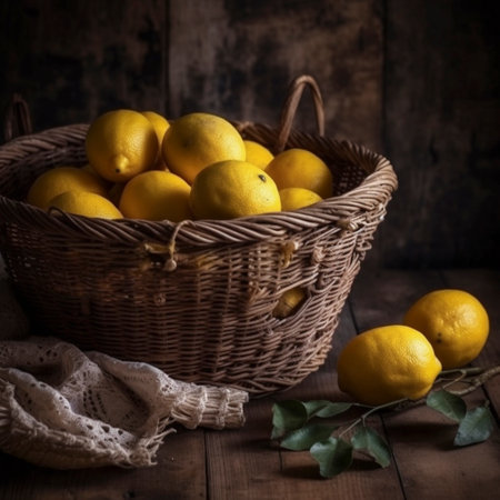 Basket of lemons on a wooden table, AI generatedの素材