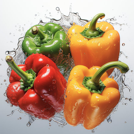 Fresh red, green and yellow peppers, AI generatedの素材