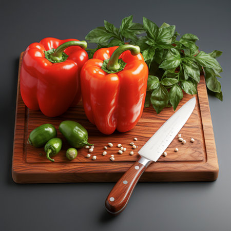 Fresh red, green and yellow peppers, AI generatedの素材