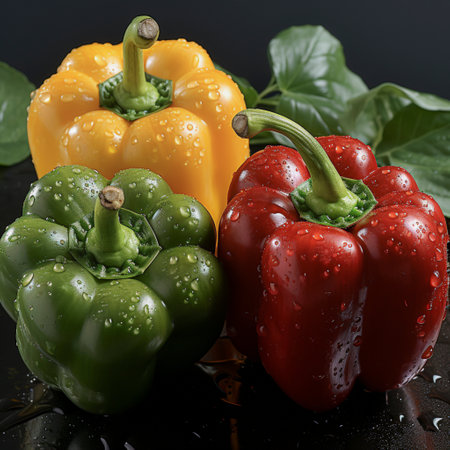 Fresh red, green and yellow peppers, AI generatedの素材
