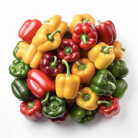 Fresh red, green and yellow peppers, AI generatedの素材