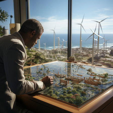 Architect - scientist develops a plan for a wind farm on a model landscape, ai generatedの素材