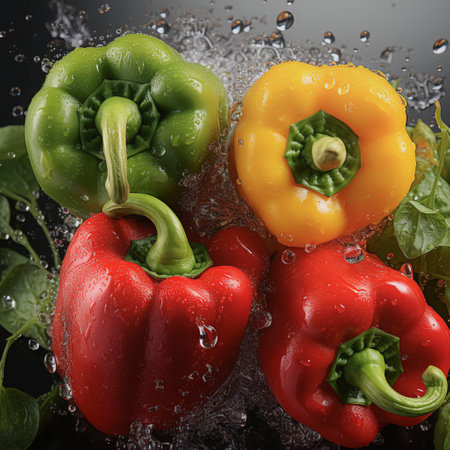 Fresh red, green and yellow peppers, AI generatedの素材