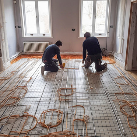 craftsmen install a heating system - underfloor heating in a house, ai generatedの素材