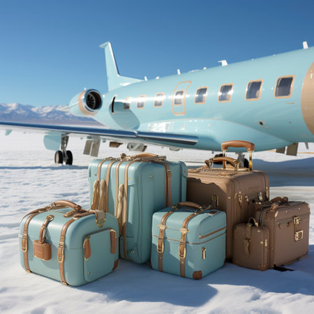 Luxury travel in private jet for super rich people, vacation suitcases stood in front of a private jet, ai generatedの素材