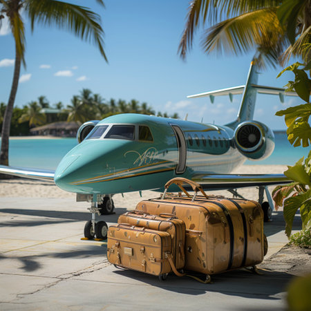 Luxury travel in private jet for super rich people, vacation suitcases stood in front of a private jet, ai generatedの素材