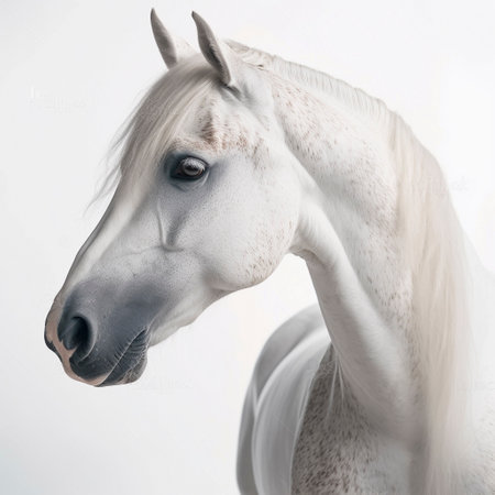 white horse (Equidae), in front of white background, AI generatedの素材