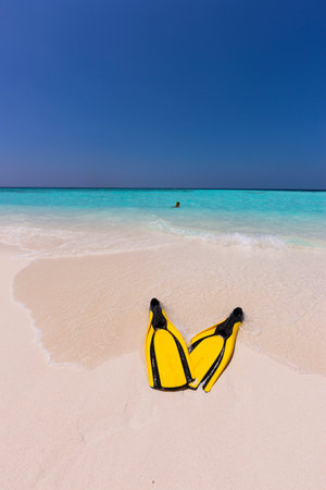 A pair of yellow flippers are lying on the beach of a Maldives island, Feb 2013の写真素材