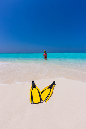 A pair of yellow flippers are lying on the beach of a Maldives island, Feb 2013の写真素材