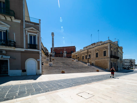 Steps of the Roman columns at the harbor promenade, Brindisi, Apulia, Italy June 2019の写真素材