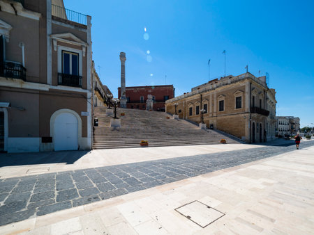 Steps of the Roman columns at the harbor promenade, Brindisi, Apulia, Italy June 2019の写真素材