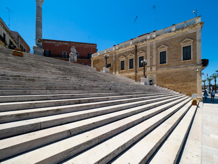 Steps of the Roman columns at the harbor promenade, Brindisi, Apulia, Italy June 2019の写真素材