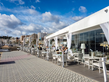 White restaurant on the waterfront of the marina in Palma de Mallorca, Dec 2019の写真素材