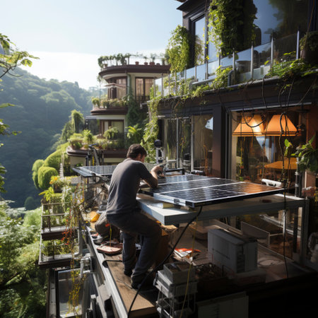 Installation and maintenance of a solar system, solar power station Solar panels on a balcony generated by tradesmen, ai generatedの素材