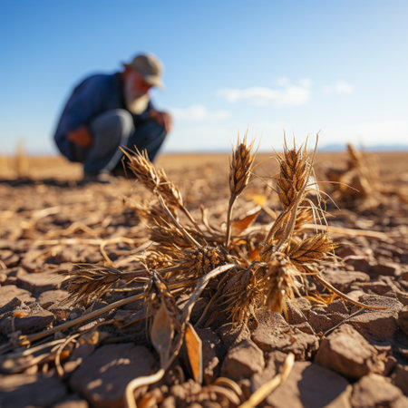 dried crop, parched ground with cracks in the earth, ai generatedの素材