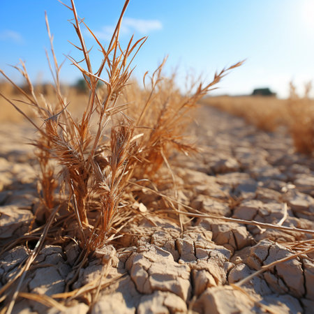 dried crop, parched ground with cracks in the earth, ai generatedの素材