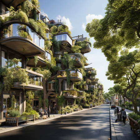 Modern apartments in a city with vegetation on the balconies, green urban planning, environmental protection, ai generatedの素材