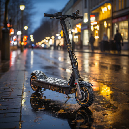 E-scooter driver in winter in the city, AI generatedの素材