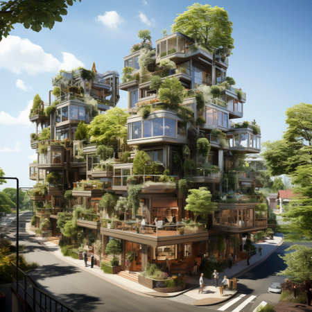 Modern apartments in a city with vegetation on the balconies, green urban planning, environmental protection, ai generatedの素材