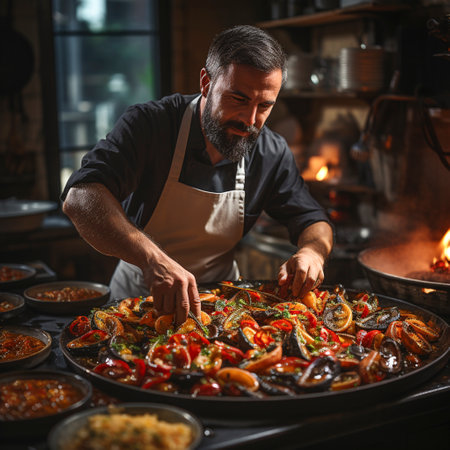 Chef in a white chef's hat prepares a typical Spanish seafood paella in a paella pan, ai generatedの素材