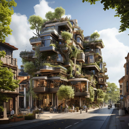 Modern apartments in a city with vegetation on the balconies, green urban planning, environmental protection, ai generatedの素材