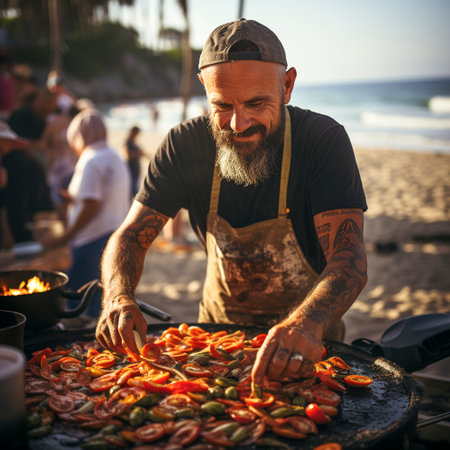 Chef in a white chef's hat prepares a typical Spanish seafood paella in a paella pan, ai generatedの素材