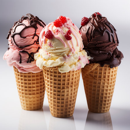 Ice cream scoop on waffle cone Many assorted different flavor, AI Generatedの素材