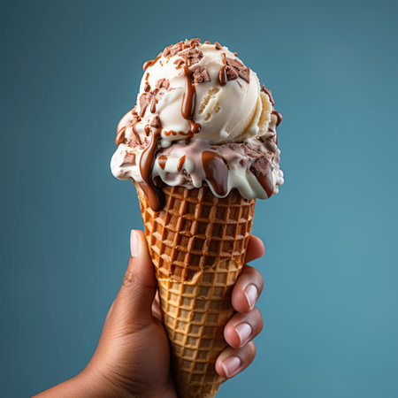 Ice cream scoop on waffle cone Many assorted different flavor, AI Generatedの素材