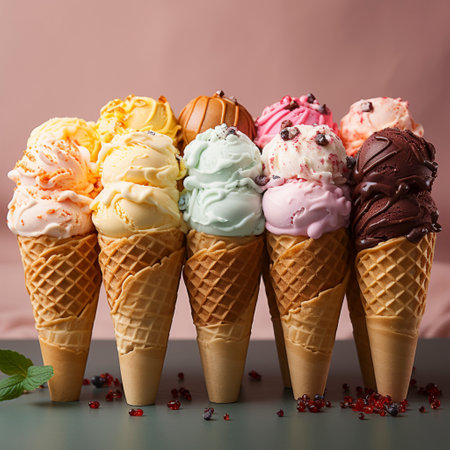 Ice cream scoop on waffle cone Many assorted different flavor, AI Generatedの素材