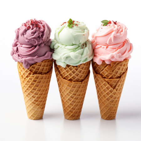 Ice cream scoop on waffle cone Many assorted different flavor, AI Generatedの素材