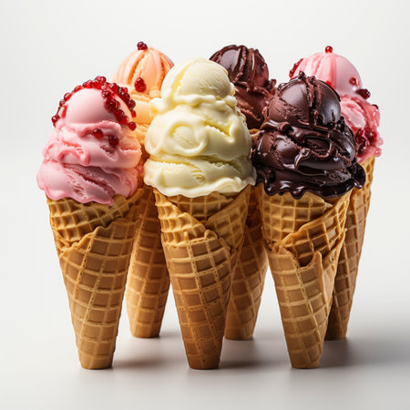 Ice cream scoop on waffle cone Many assorted different flavor, AI Generatedの素材