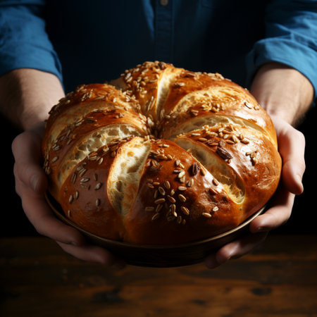 hands holding freshly baked bread against colored background, AI generatedの素材