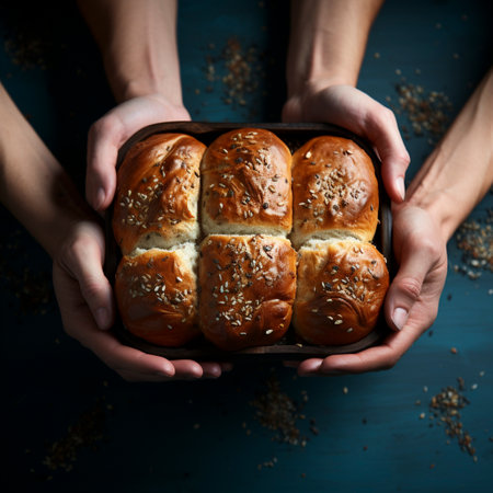 hands holding freshly baked bread against colored background, AI generatedの素材