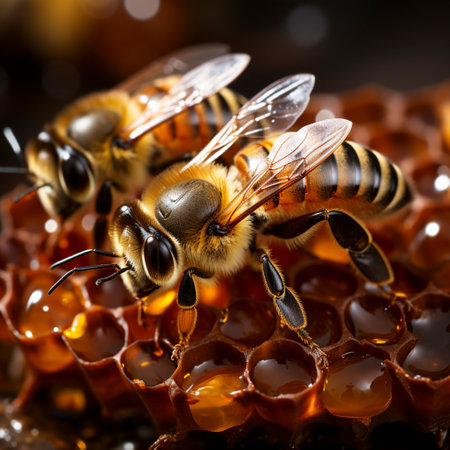 Honey bees sit on a honeycomb, AI generatedの素材