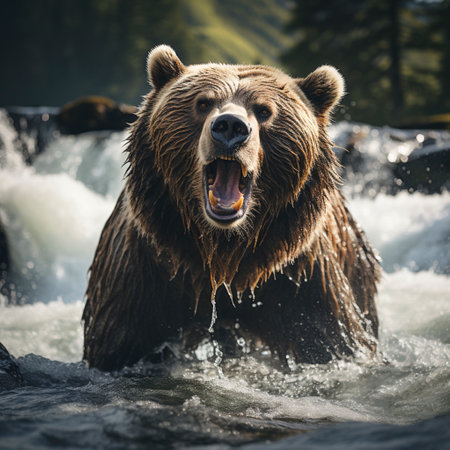 Brown bear stands in a stream, AI generatedの素材