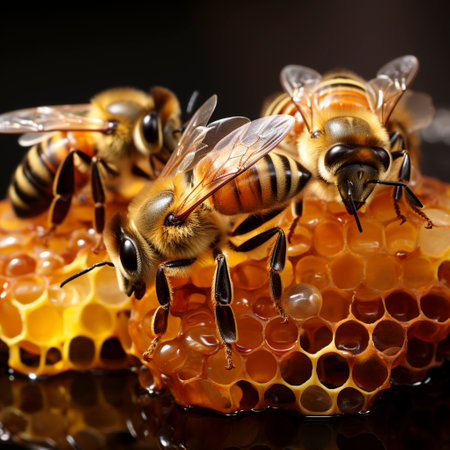 Honey bees sit on a honeycomb, AI generatedの素材